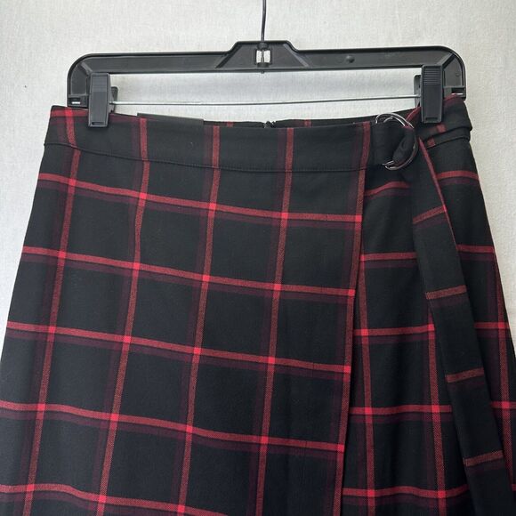 Plaid Skirt 6 Midi Banana Republic Red Black Faux Wrap Office Academia NEW - Picture 3 of 11